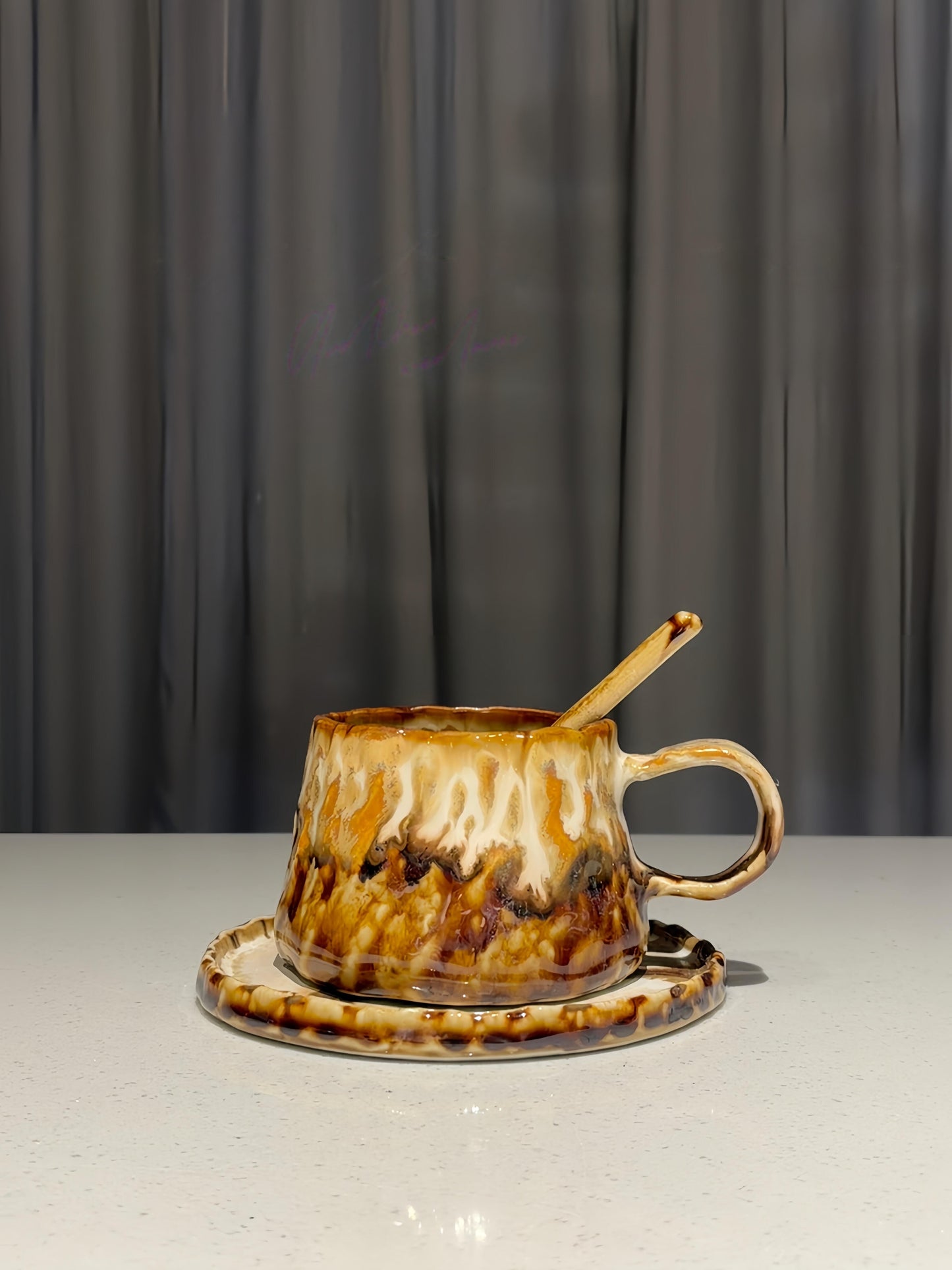 Handcrafted Caramel Flow-Glaze Cup Set