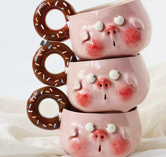 Handmade Cute Pink Pig Doughnut Art Mug